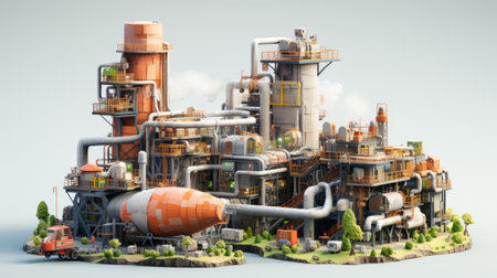 3D illustration of a large industrial complex with chimneys and tanksの素材