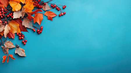 Autumn leaves and berries on blue background. top view with copy spaceの素材
