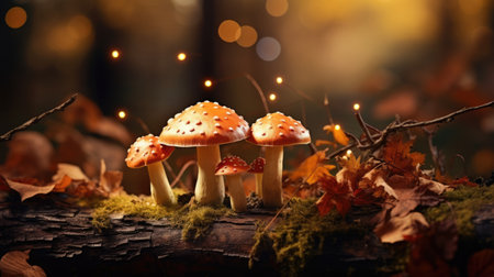 Fly agaric mushrooms in autumn forest with bokeh lightsの素材
