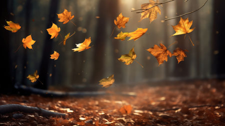 Autumn leaves flying in the air in a foggy forest.の素材