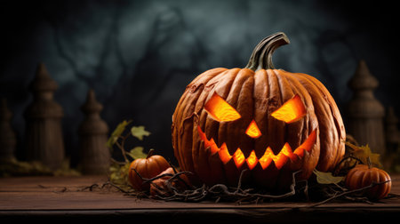 Halloween pumpkin head jack o lantern on wooden table and dark backgroundの素材