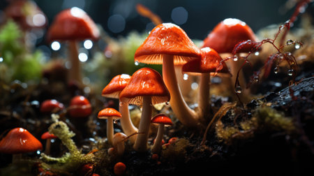 Autumn mushrooms in the forest on a dark background. Generative AI.の素材