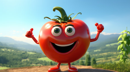 Cartoon tomato character on top of a hill. 3d illustrationの素材