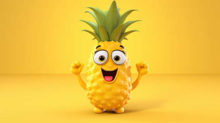 Funny pineapple character on a yellow background. 3D rendering. Generative AI.の素材