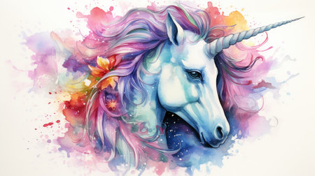 Unicorn watercolor illustration. Generative AI.の素材