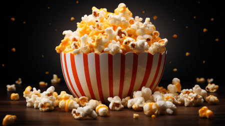 Popcorn in a bowl on a wooden table. Generative AI.の素材