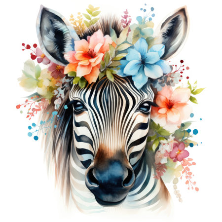 Watercolor portrait of a zebra in a wreath of flowers.の素材