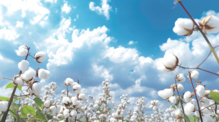 Cotton field with blue sky and white clouds. natural background.の素材