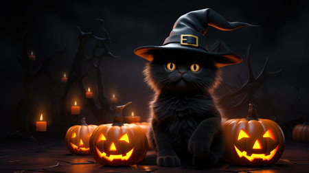 Halloween cat in witch hat with pumpkins and candles on dark backgroundの素材