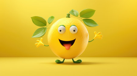 Funny lemon character with green leaves on yellow background. 3d illustrationの素材