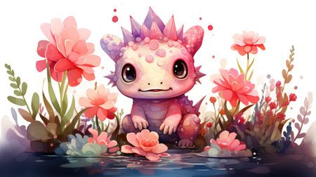 Cute oxolotl with flowers, watercolor illustration.の素材