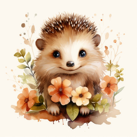 Cute hedgehog with flowers. watercolor illustration.の素材