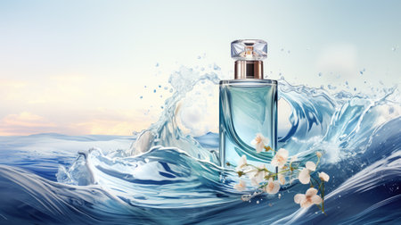 Perfume bottle on the background of sea waves.の素材
