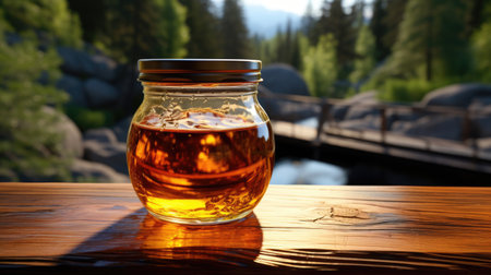Honey in a glass jar on a wooden table against the background of the mountainsの素材