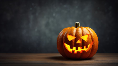 Halloween pumpkin jack o lantern on wooden table.の素材