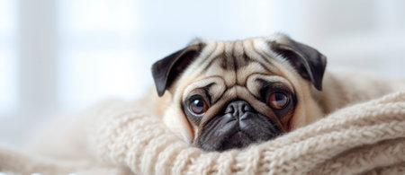Cute pug dog wrapped in warm blanket at home, closeupの素材