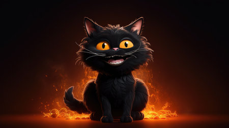 Funny Halloween black cat sits on a fiery background.の素材