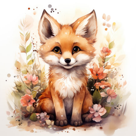 Watercolor portrait of a cute fox sitting on a floral background.の素材