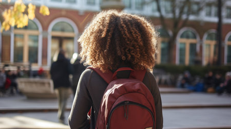 Schoolgirl walking with a backpack to school.の素材