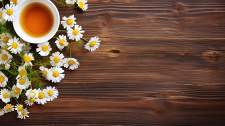 Cup of tea and chamomile flowers on wooden backgroundの素材