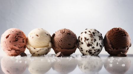 Ice cream scoops with chocolate, vanilla and chocolate on white backgroundの素材