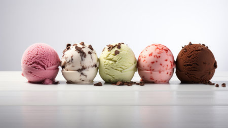 Scoops of ice cream on white wooden table.の素材