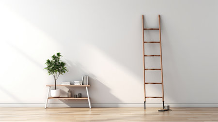 Interior of modern living room with wooden ladder, bookshelf and plant. 3d renderingの素材