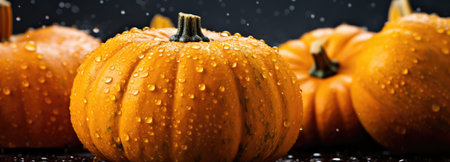 Halloween pumpkins with water drops on black background, closeupの素材