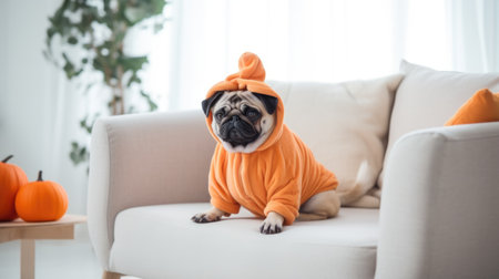 Cute pug in halloween costume with pumpkins at home.の素材