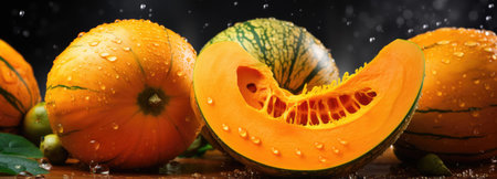 Autumn still life with pumpkins and water drops on dark backgroundの素材