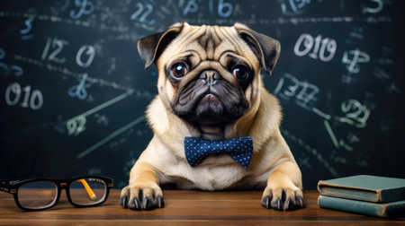 Pug in a bow tie on the background of the board. back to school.の素材