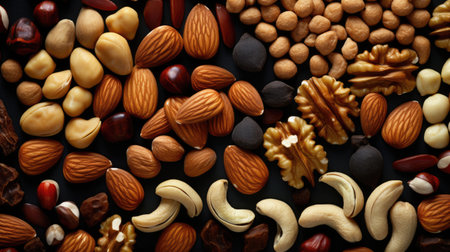 Assorted nuts as background, top view. Healthy food concept.の素材