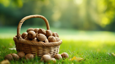 Basket with nuts on green grass.の素材
