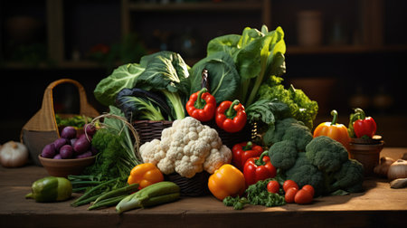 Composition with variety of raw organic vegetables on wooden table in kitchenの素材