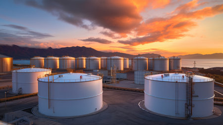 Oil tanks in a refinery at sunsetの素材
