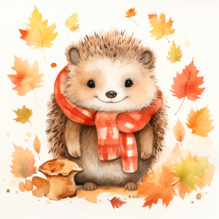 Cute hedgehog in scarf on autumn leaves background. watercolor illustration.の素材