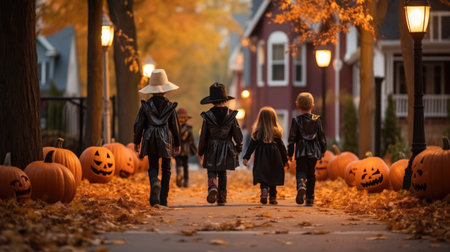 A group of children in Halloween costumes are walking down the street.の素材