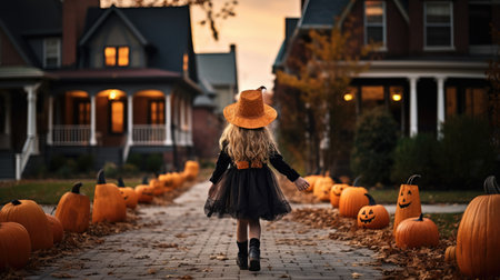 A cute little girl walks along a path with Halloween pumpkins.の素材