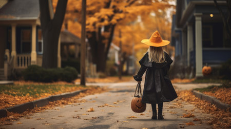 A girl dressed as a witch walks down the street for Halloween.の素材