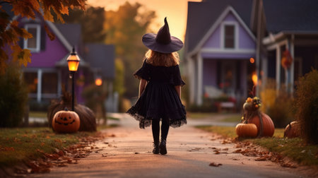 Cute little girl in witch costume walking on path with pumpkins on Halloween.の素材