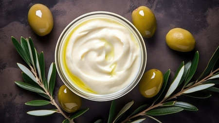 Olive cream and olive branch on a dark background.の素材