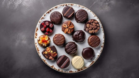 Assortment of chocolates in white plate on dark background, top viewの素材