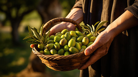 Olive harvest in a basket in the hands of a farmer.の素材