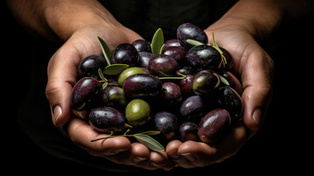 Black olives in hands close-up on a black background.の素材