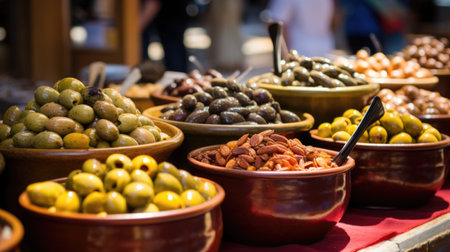 Assortment of olives on a market stall in Barcelona, Spainの素材