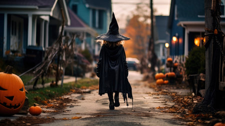 A little girl in a black witch costume walks down the street with pumpkinsの素材