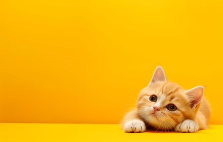 Little orange kitten on yellow background with copy space.の素材