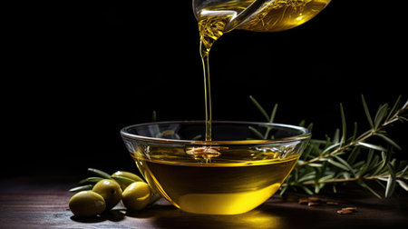 Olive oil pouring into a bowl with olives and olive branch on black backgroundの素材