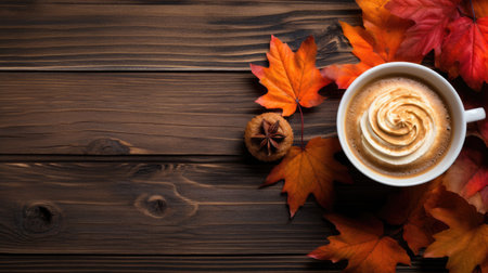 Cup of coffee and autumn leaves on wooden background. top view with copy spaceの素材