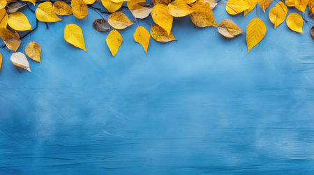 Autumn leaves on blue background with copy space for text or designの素材
